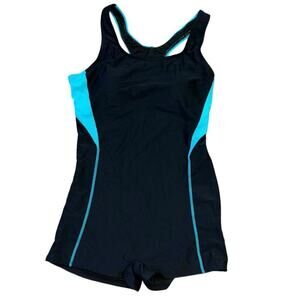 NWT My Charmo UPF 50 Conservative Black Blue Swimsuit Women’s L Beach Summer